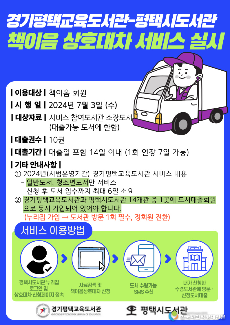 경기평택교육도서관 -평택시도서관 책이음 상호대차서비스 실시 