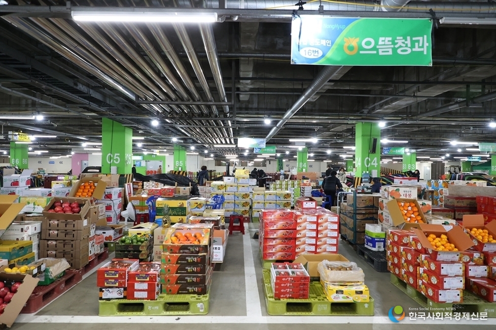 (사진)지하주차장에 마련된 농수산물 도매시장 청과동 임시매장