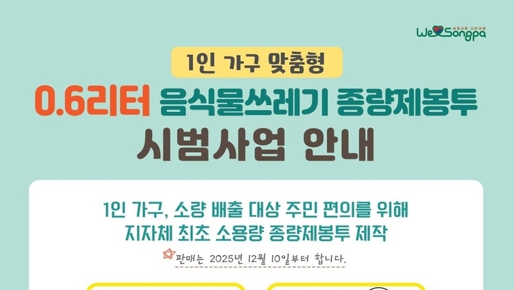 . 1인 가구 맞춤형 0.6ℓ 음식물봉투, 송파구 전국 첫 도입